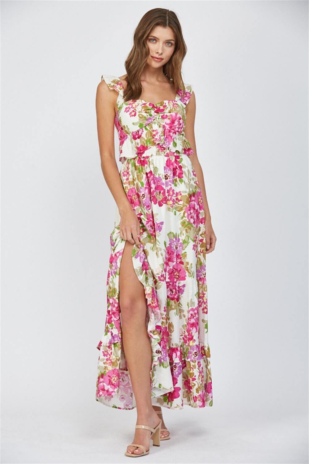 Cream Floral Print Ruffle Dress