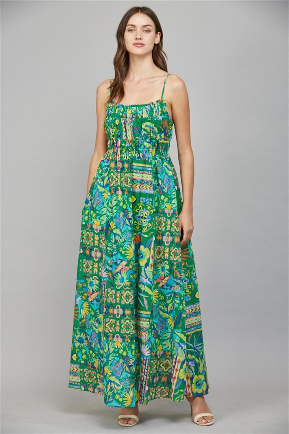 Green Gathered Bodice Maxi Dress