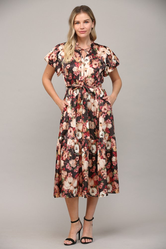Floral Print Satin Short Puff Sleeve Midi Dress