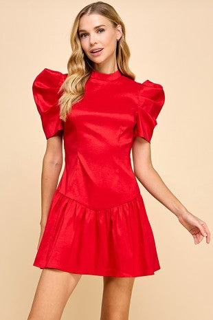 Red Stretch Satin Dropped Waist Ruffle Hem Dress