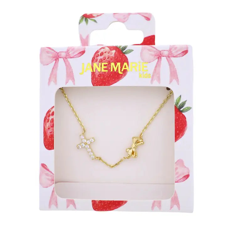 Kids Gold Cable Chain Necklace with Crystal Cross & Bow