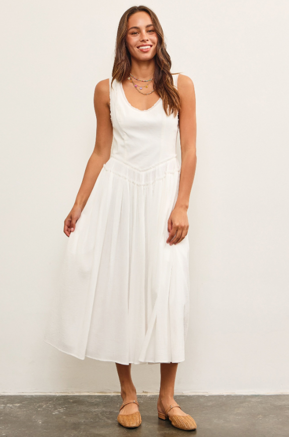 Basque Waist Frayed Edge Tiered Dress