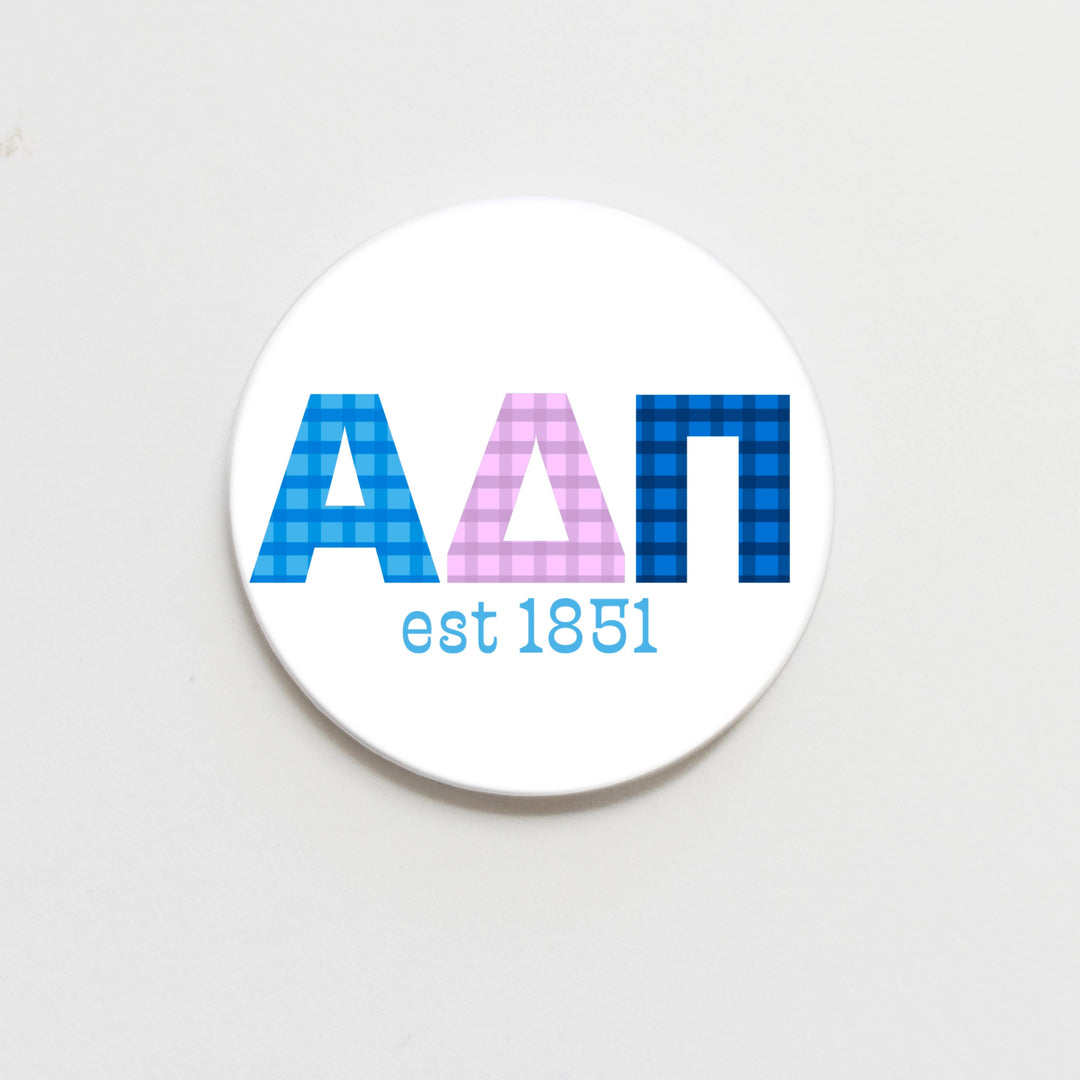 Good Vibez Collegiate - Alpha Delta Pi Gingham Letter Button- 2.25 inch