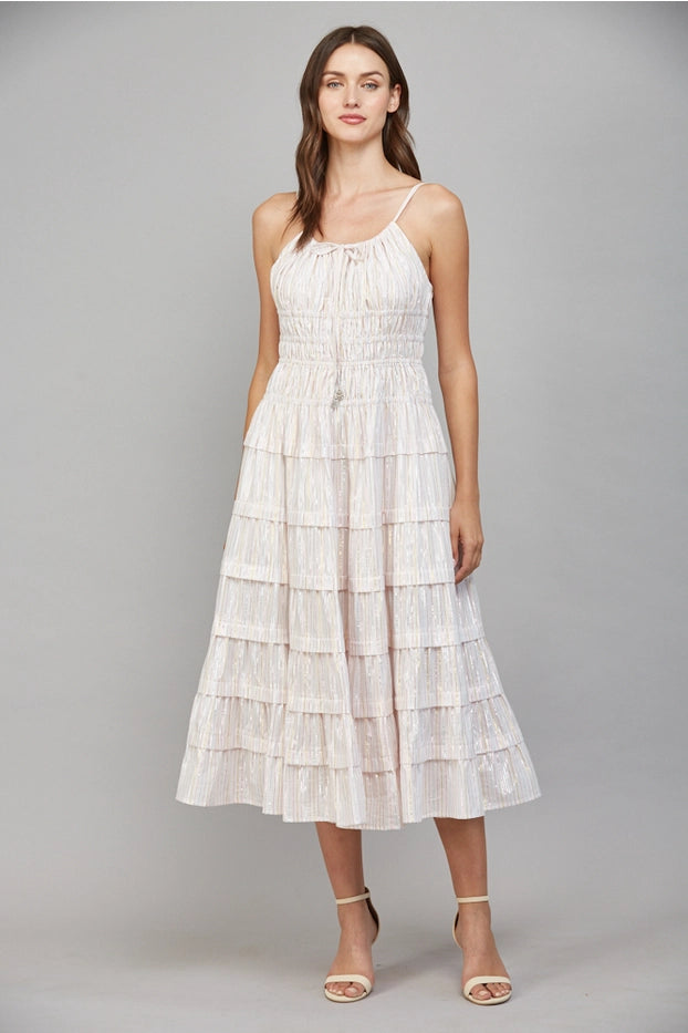 shirred tiered midi dress Lurex Stripe Shirred Detail Tiered Midi Dress S