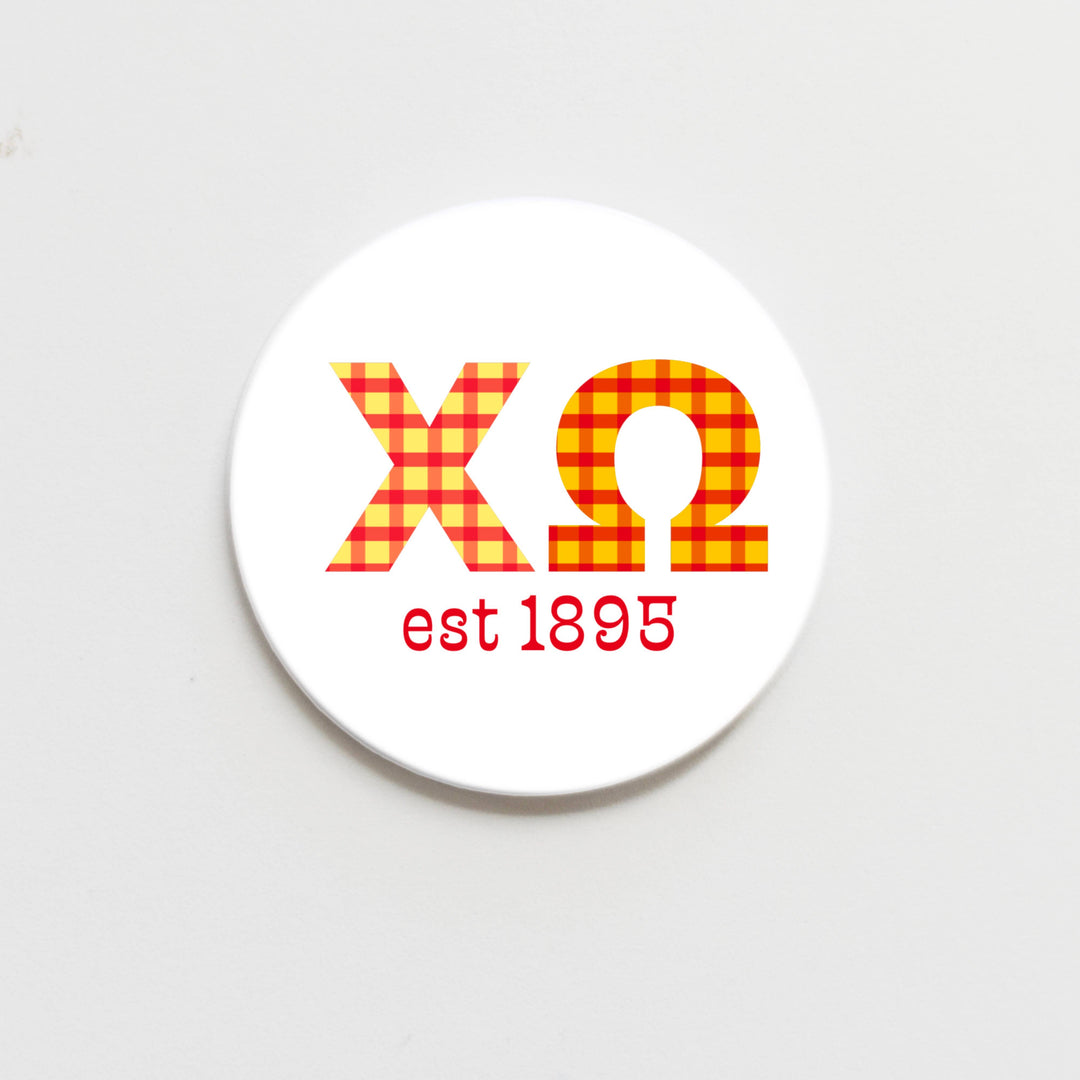 Good Vibez Collegiate - Chi Omega Gingham Letter Button- 2.25 inch