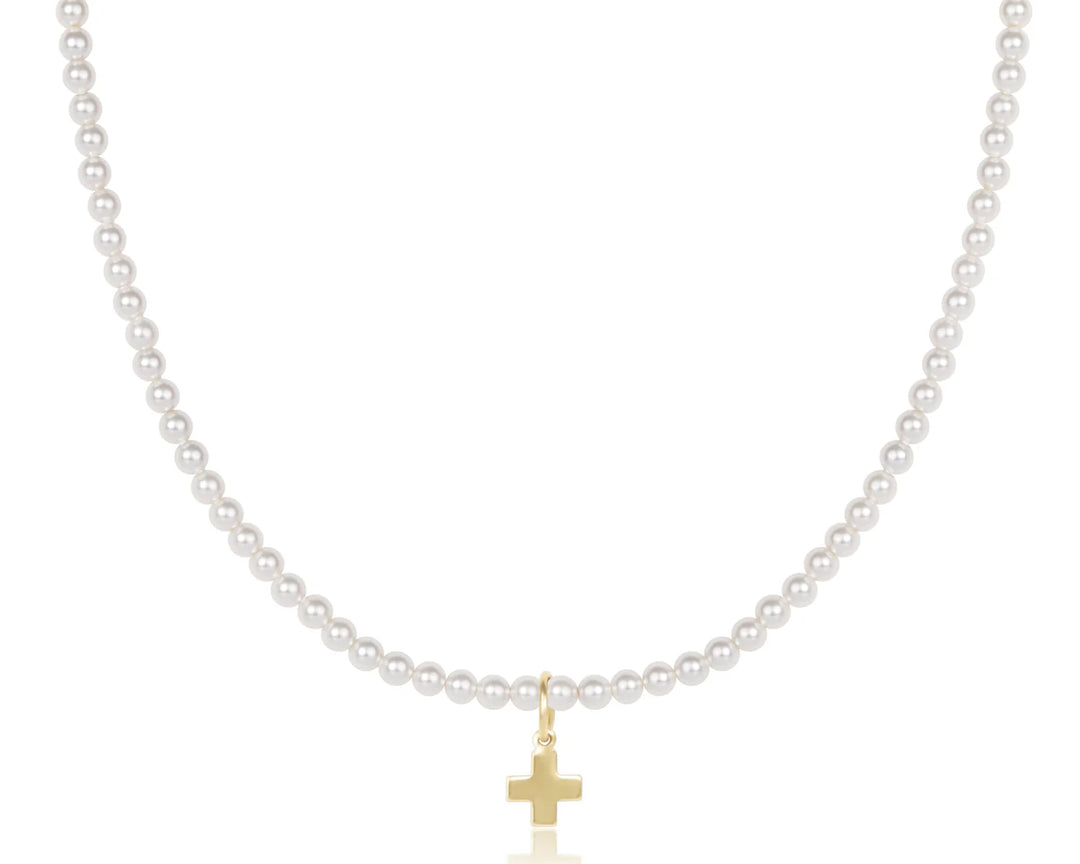 17" Classic Pearl 3mm Bead Choker - Signature Cross Gold Charm