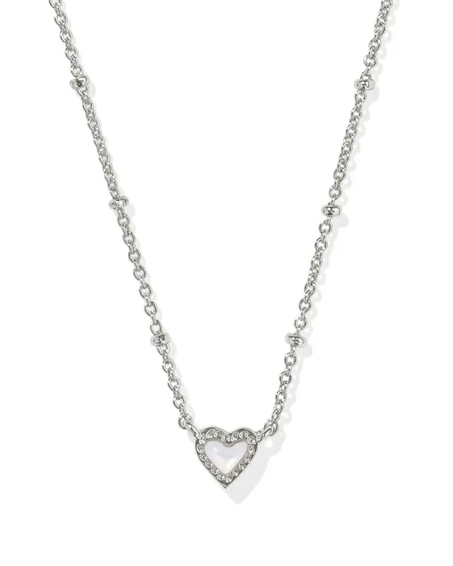 Kendra Scott Mini Ari Heart Satellite Short Pendant Necklace Silver Ivory Mother of Pearl