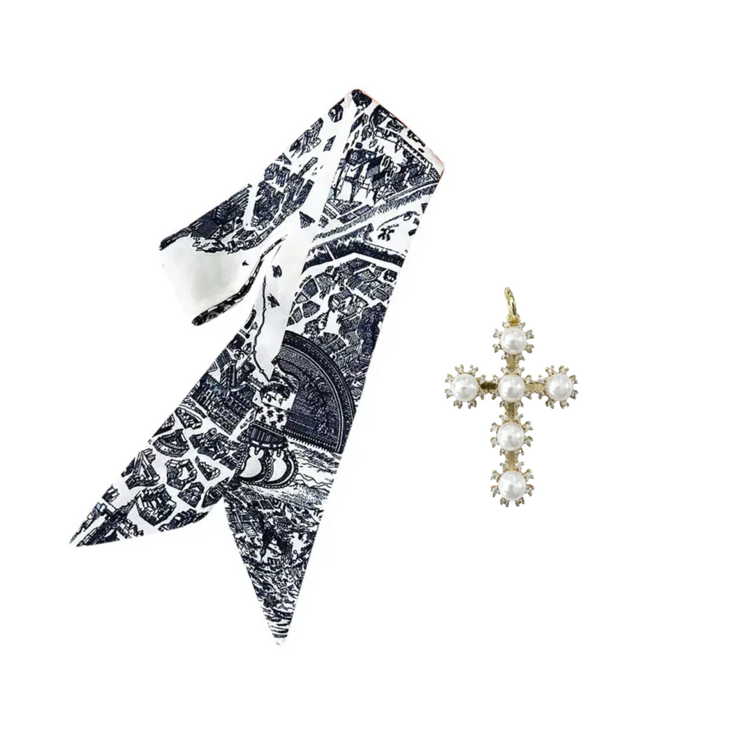 Scarf Aa Necklace with Pearl Cross Charm