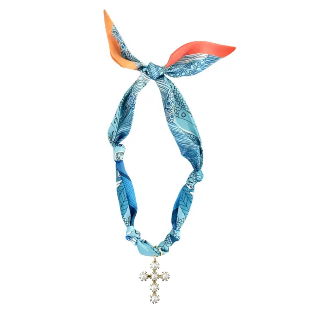 Scarf D Necklace with Pearl Cross Charm