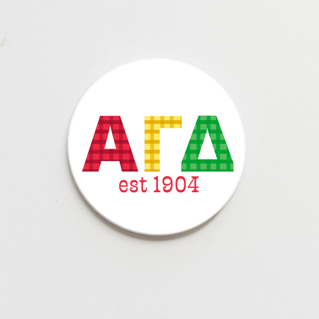 Good Vibez Collegiate - Alpha Gamma Delta Gingham Letter Button- 2.25 inch