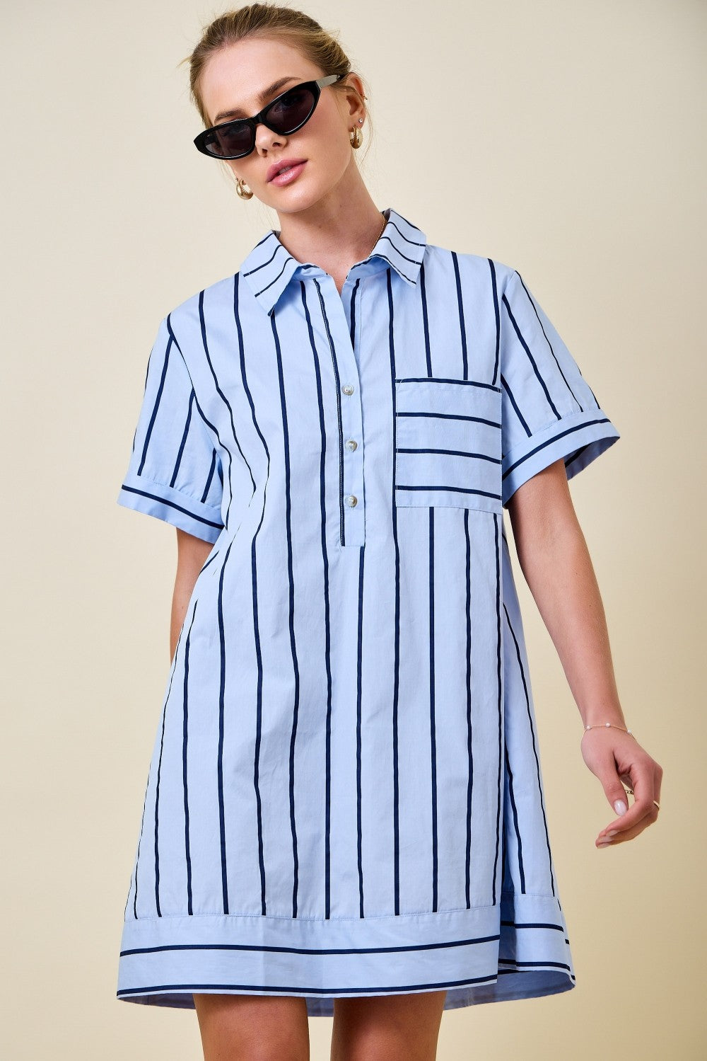 Striped Short Sleeve A-Line Collared Shirt Dress
