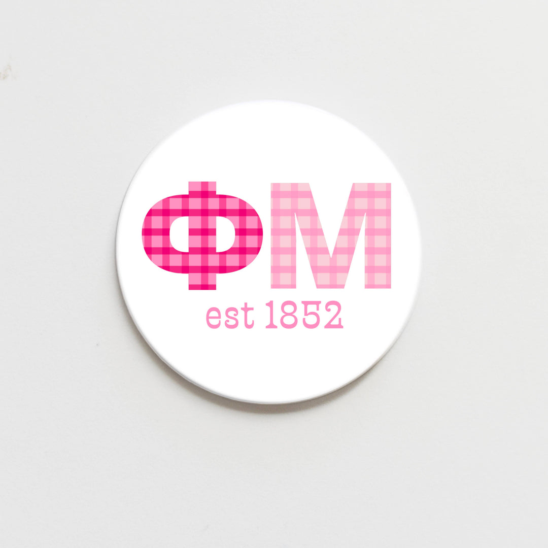 Good Vibez Collegiate - Phi Mu Gingham Letter Button- 2.25 inch