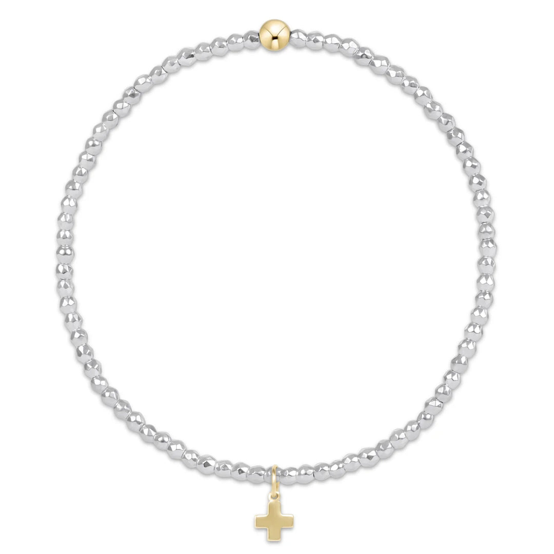 Extends Bright Silver Faceted Hematite 2mm Bead Bracelet- Signature Cross Gold Charm