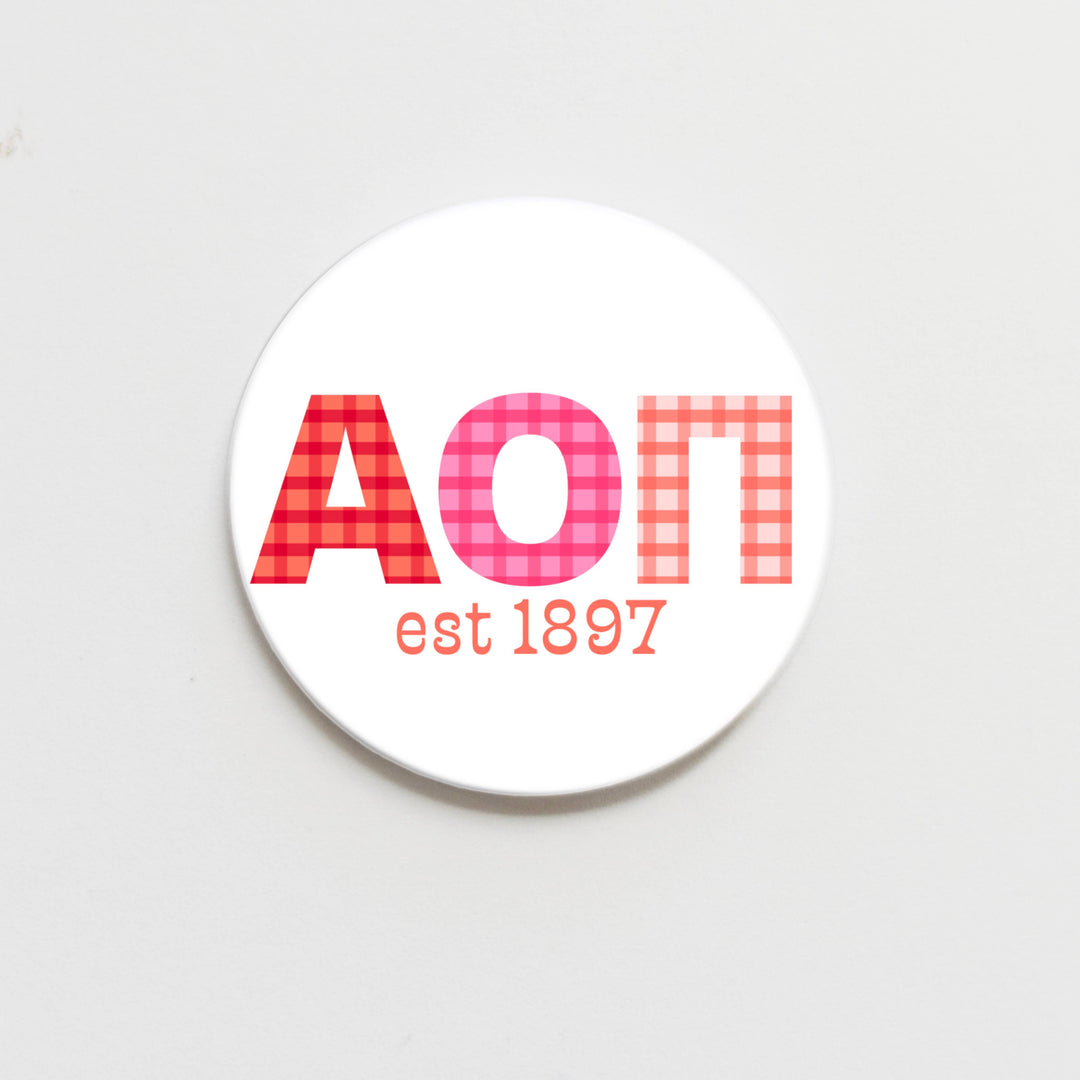 Good Vibez Collegiate - Alpha Omicron Pi Gingham Letter Button- 2.25 inch