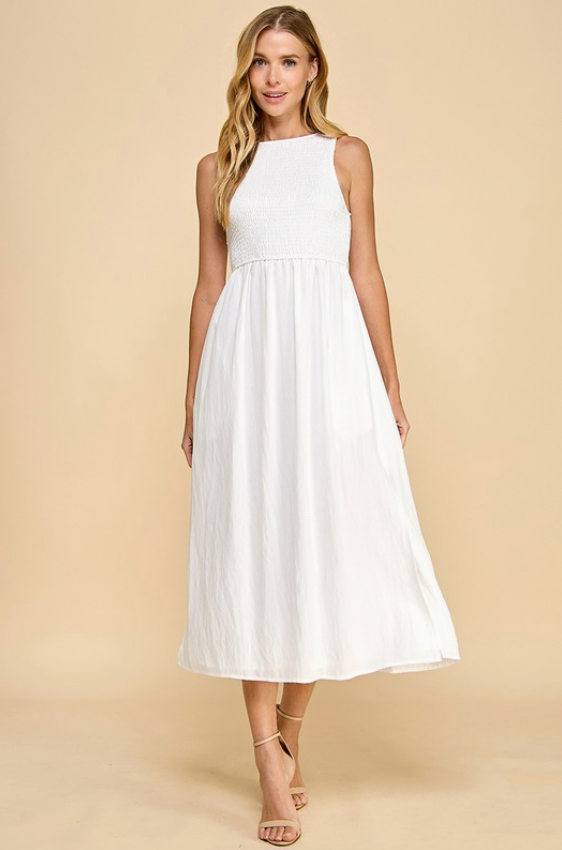 Sleeveless Smocked Bodice Side White Slit Midi Dress