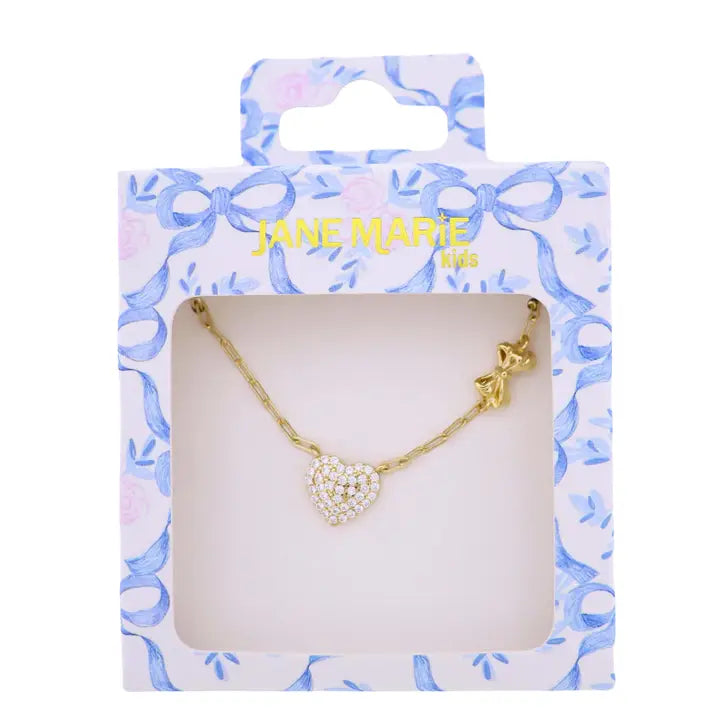 Kids Gold Paperclip Chain Necklace with Crystal Heart & Bow
