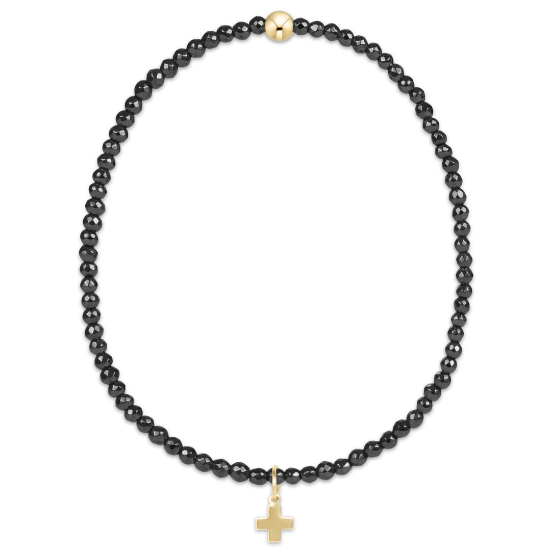 Extends Faceted Hematite 2mm Bead Bracelet- Signature Cross Gold Charm