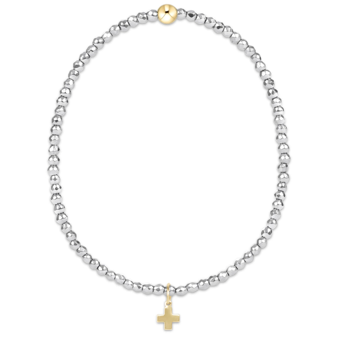 Extends Silver Faceted Hematite 2mm Bead Bracelet- Signature Cross Gold Charm