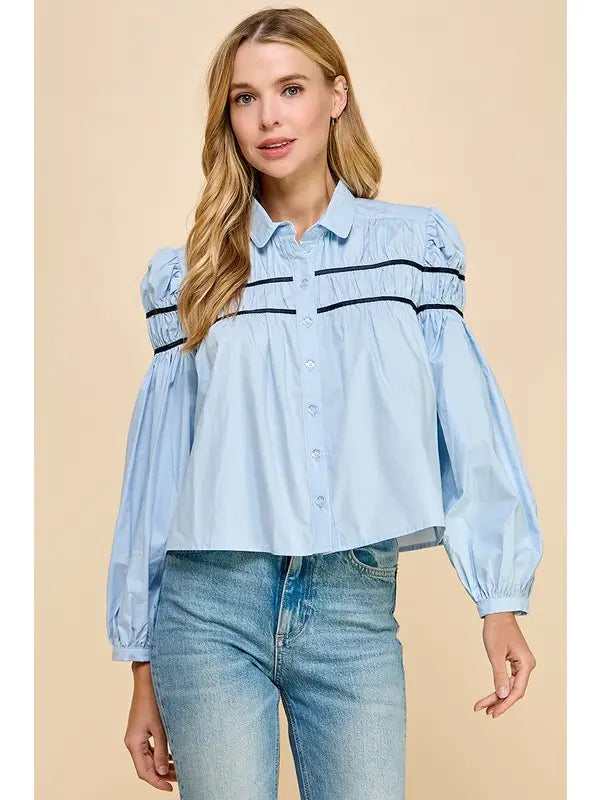 Collared Striped Detail Button Down Blouse