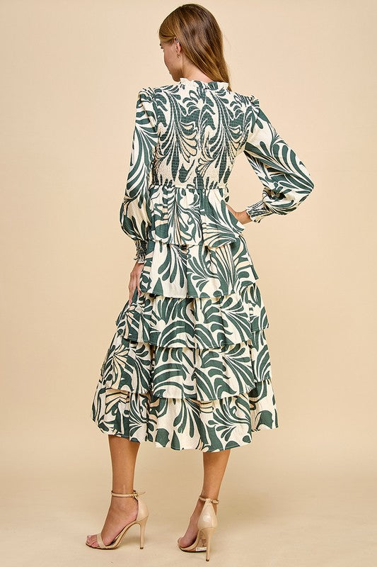 Abstract Print Tiered Ruffle Midi Dress