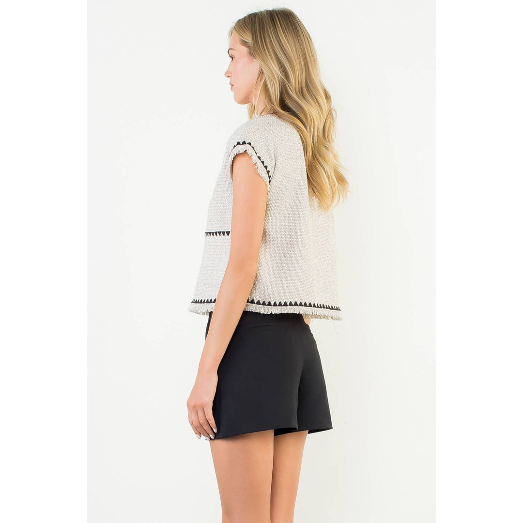 Fringe Trim Tweed Pocket Top