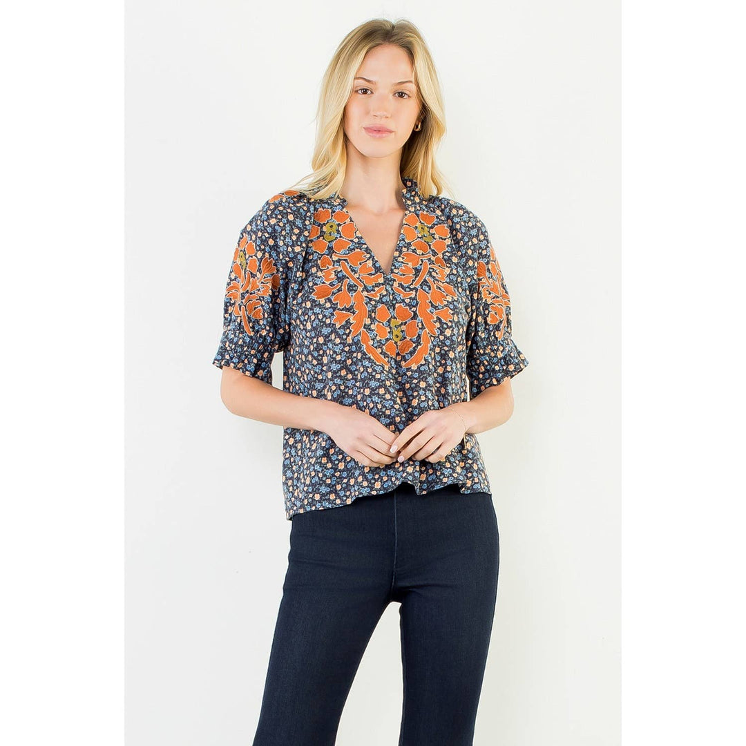 Floral Print Top With Embroidery