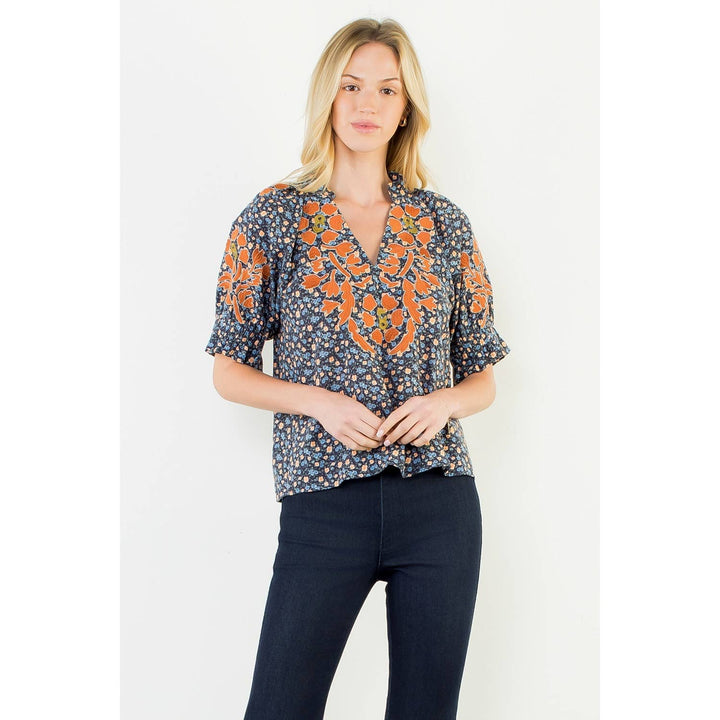 Floral Print Top With Embroidery