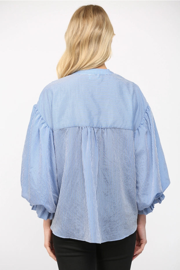 Pinstripe Voluminous Bubble Sleeve Blouse