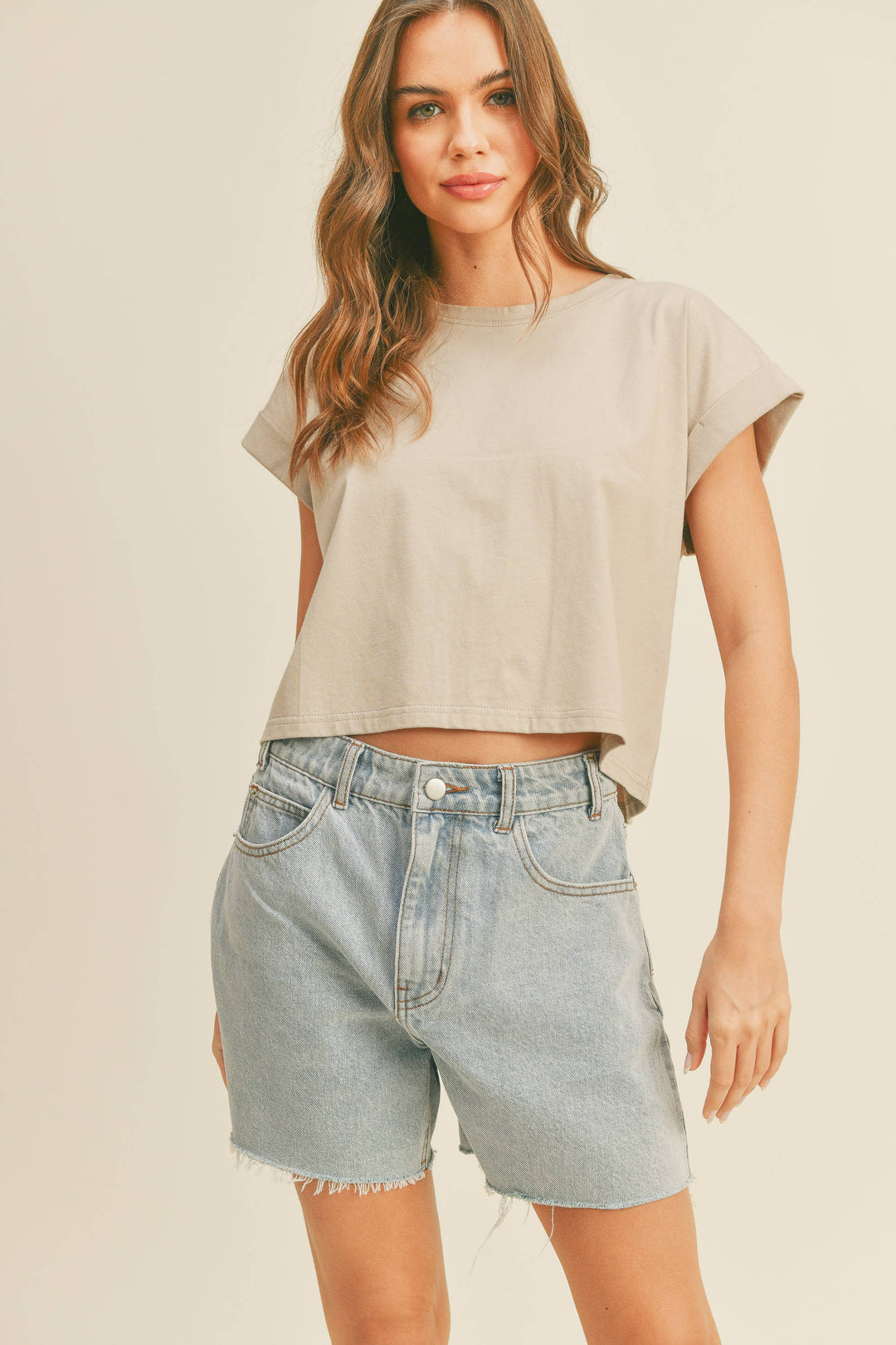 Round Neck Cuffed Sleeve Top