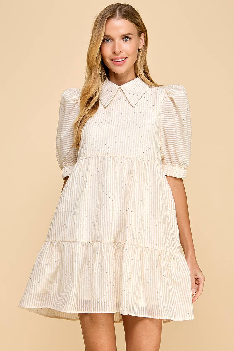 Striped Collard Shirt Dress With Rhinestones