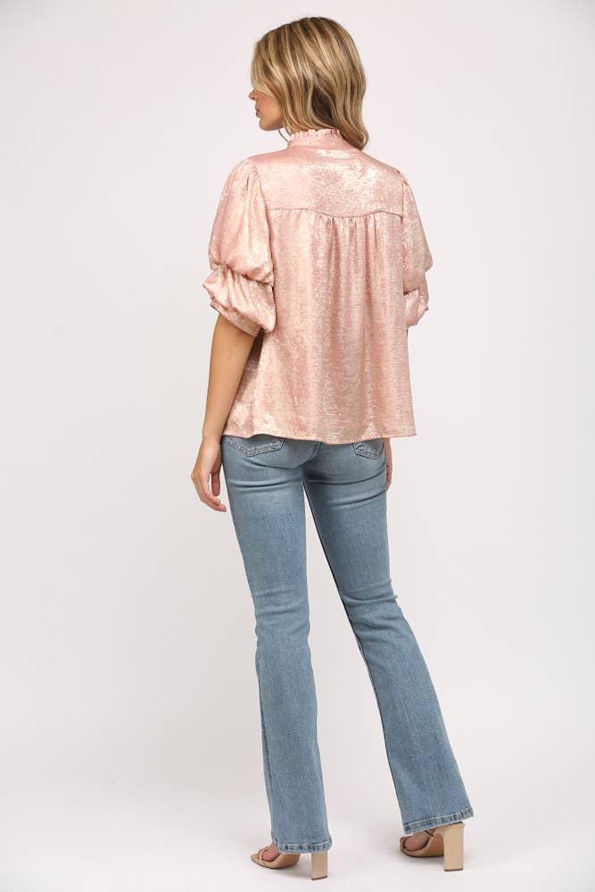 Foiled Woven Fabric Short Tiered Sleeve Blouse