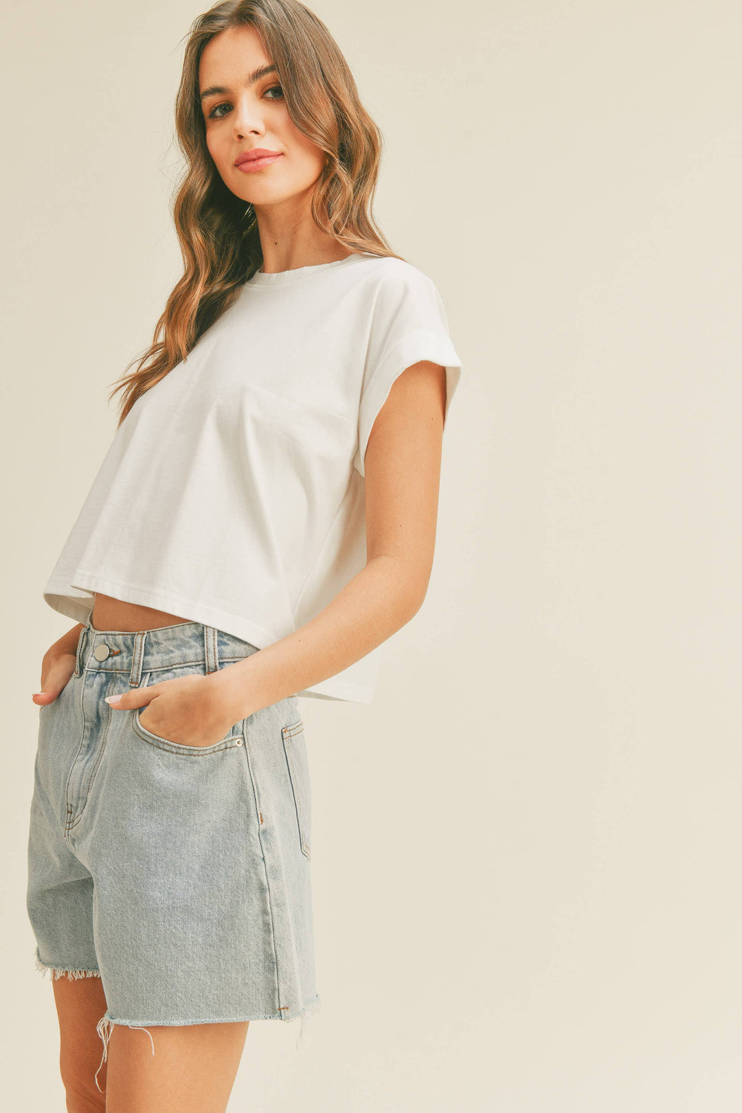 Round Neck Cuffed Sleeve Top