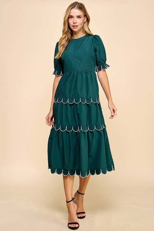 Scallop Detail Short Puff Sleeves Dress - Hunter Green