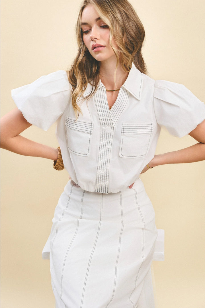 Bubble Sleeves Contrast Topstitching Detail Top
