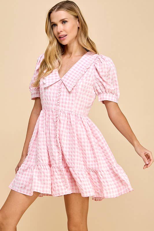 Gingham Peter Pan Collared Puff Sleeves Dress