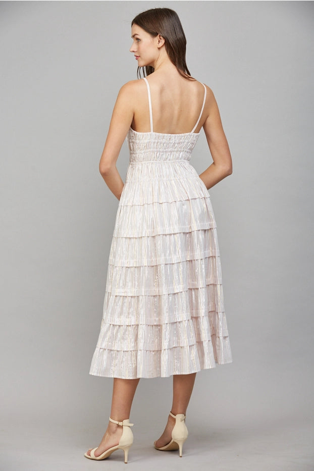 Lurex Stripe Shirred Detail Tiered Midi Dress