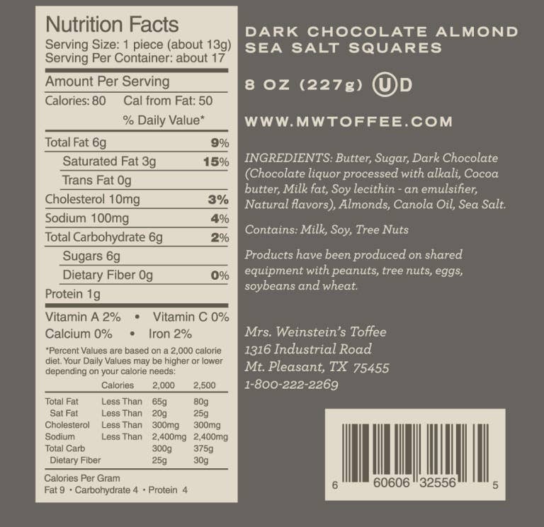 Mrs. Weinstein's Toffee - 8oz Dark Chocolate Almond Sea Salt Toffee Squares