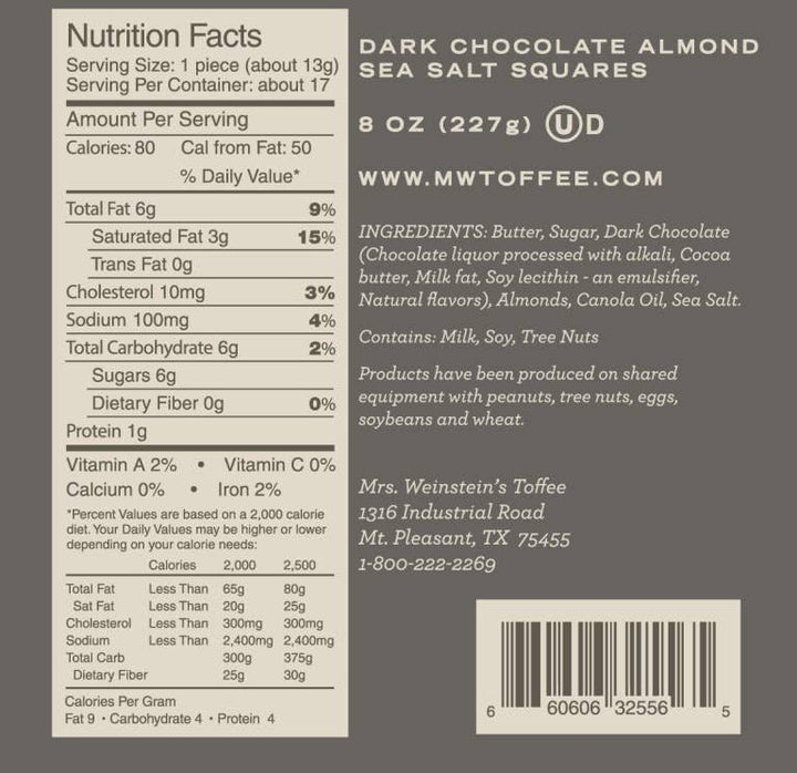 Mrs. Weinstein's Toffee - 8oz Dark Chocolate Almond Sea Salt Toffee Squares