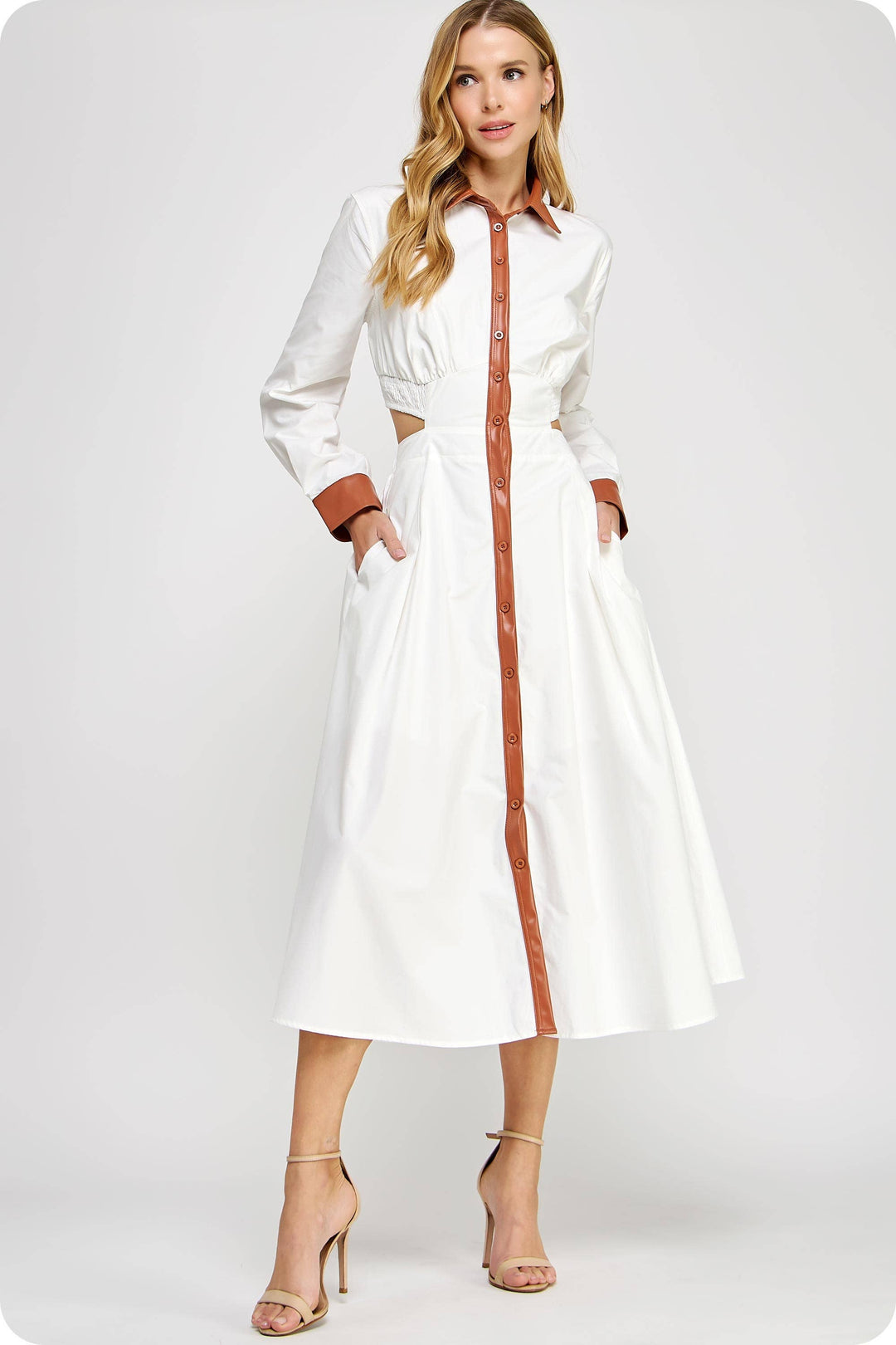 Faux Leather Contrast Poplin Long Shirt Dress