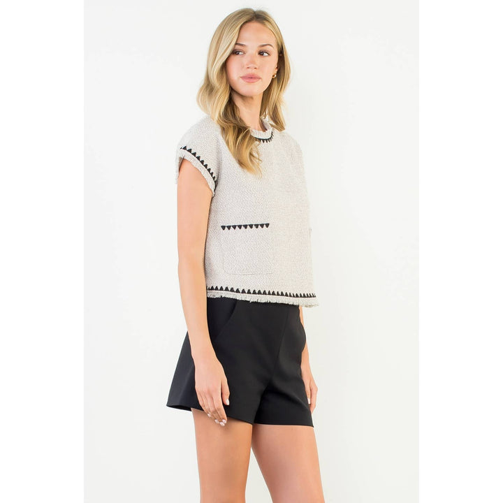 Fringe Trim Tweed Pocket Top