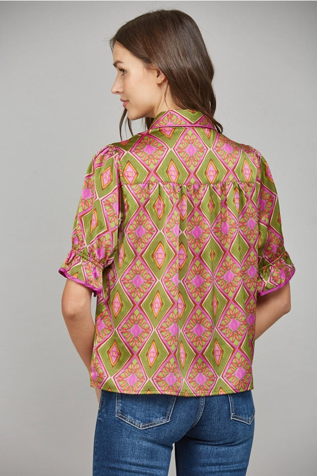 Contrast Piping Detail Collar Print Blouse