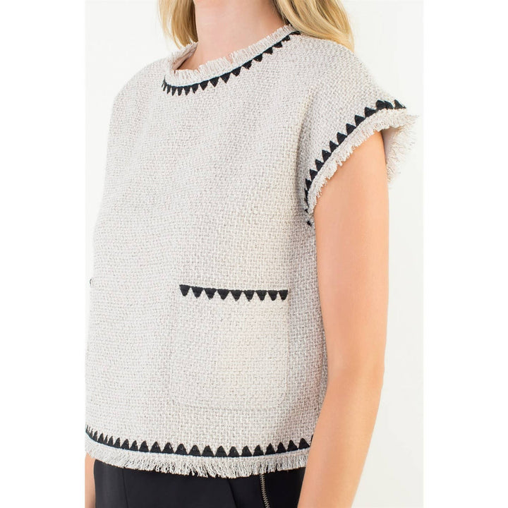 Fringe Trim Tweed Pocket Top