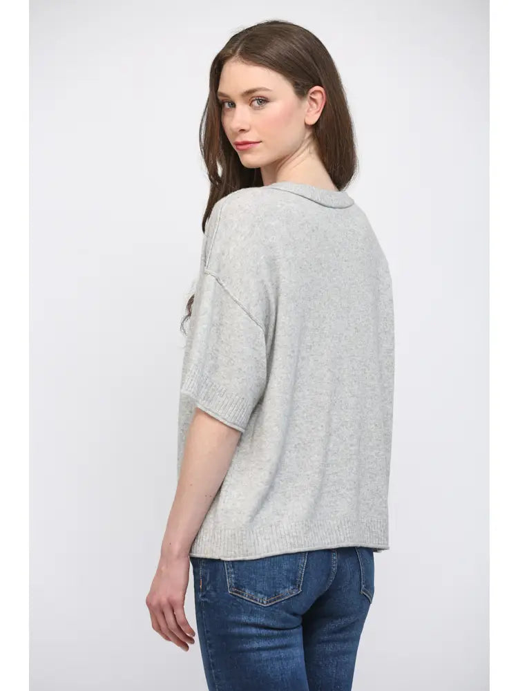 Cashmere Blend Ribbed Neck & Sleeve Detail Button Closure Sweater