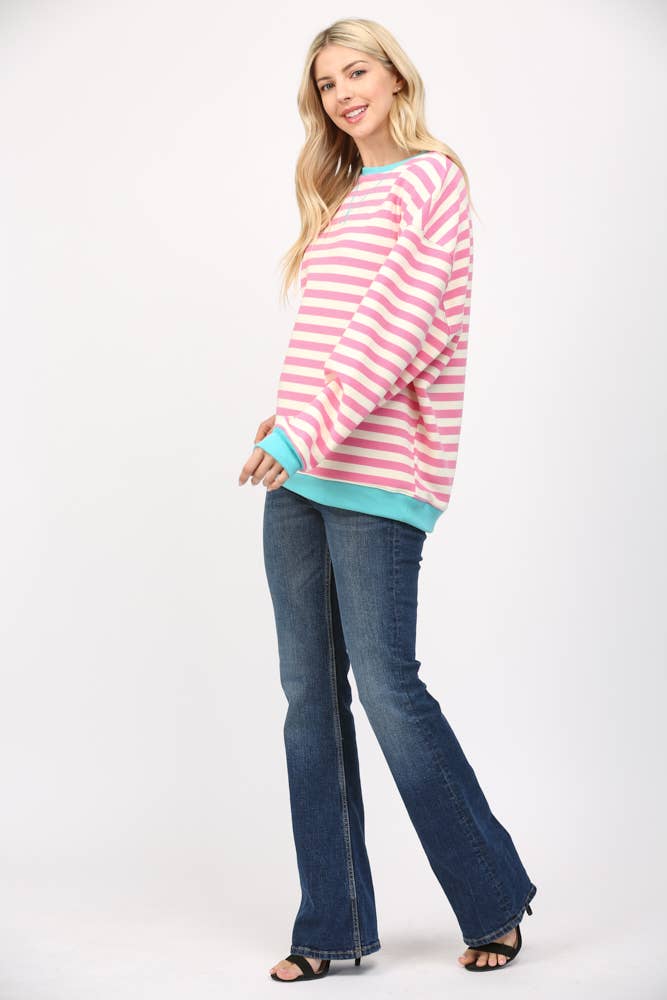 Pink and White Stripe Top With Aqua Trim