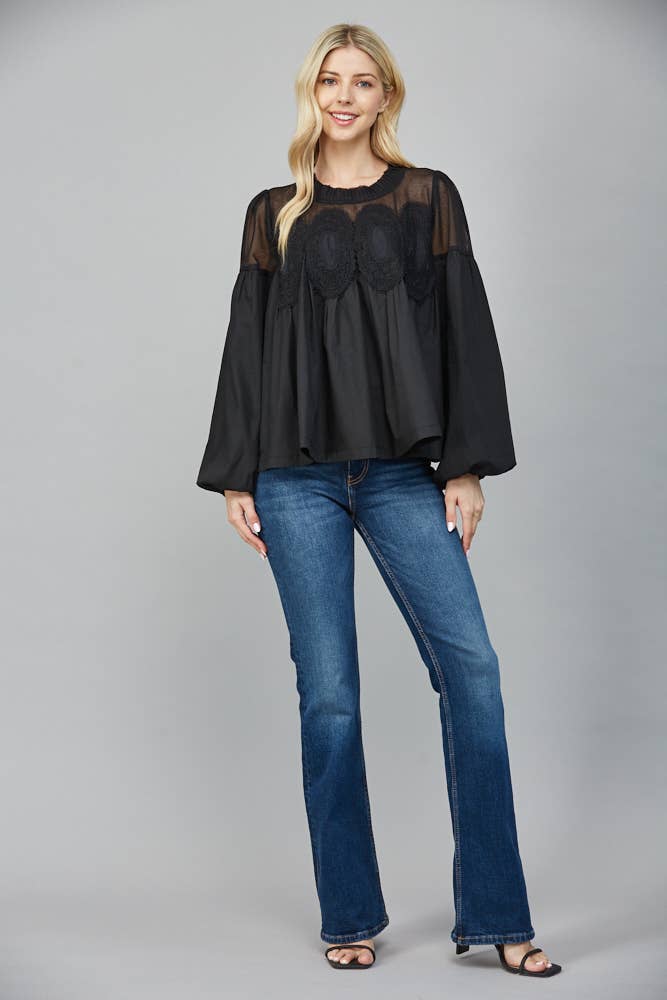 Lace Applique Detail Long Sleeve Blouse