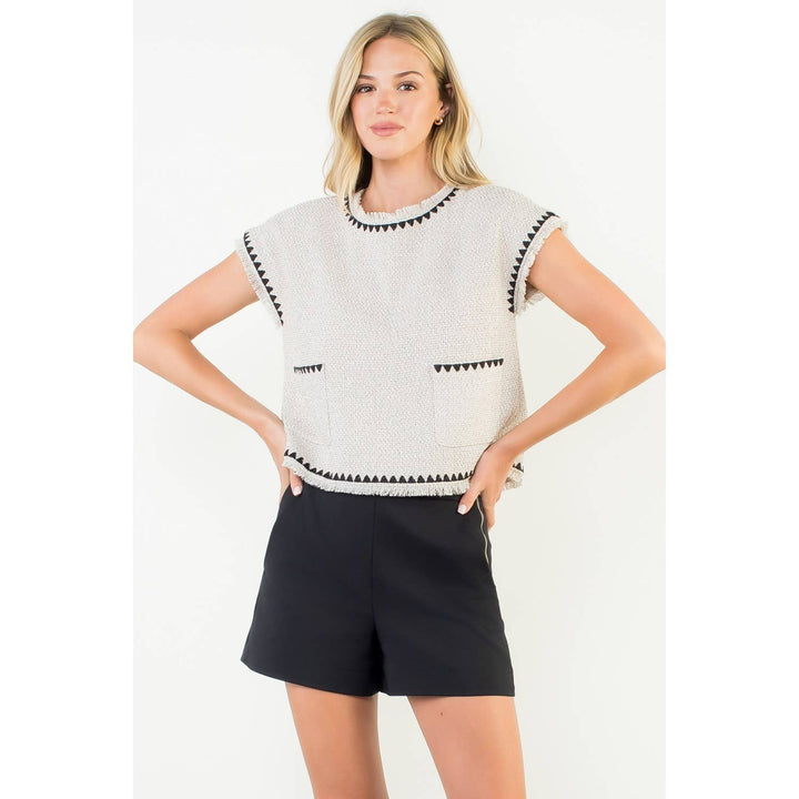 Fringe Trim Tweed Pocket Top