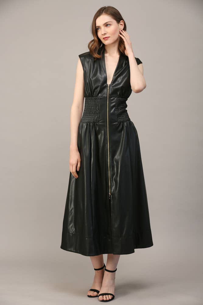 Smocked Waist Zip Front Faux Leather Dress