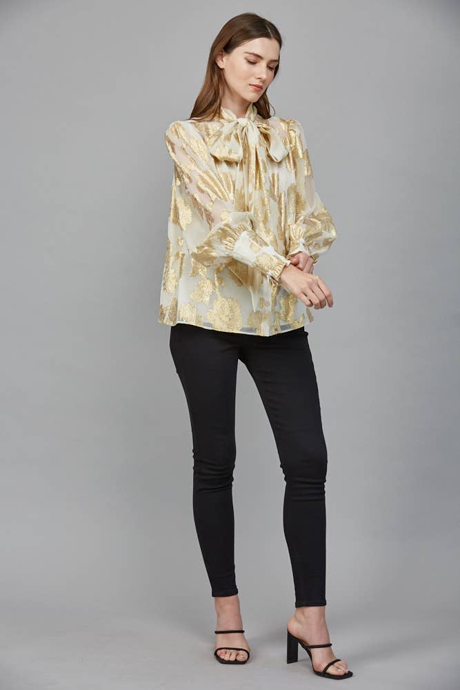 Metallic Jacquard Chiffon Blouse With Bow