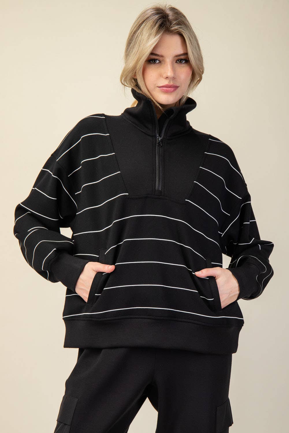 Modal Stripe Quarter Zip Mock Neck Pullover