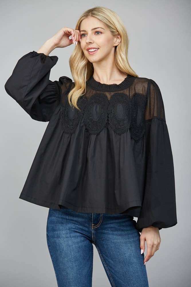 Lace Applique Detail Long Sleeve Blouse
